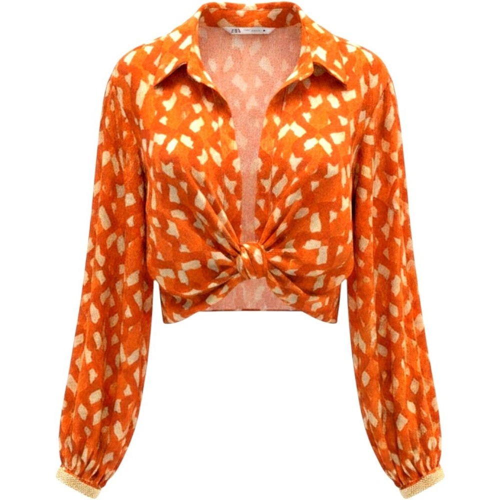 Zara Orange Abstract Print Knot Front Cropped Linen Blend Blouse XS - Picture 1 of 8